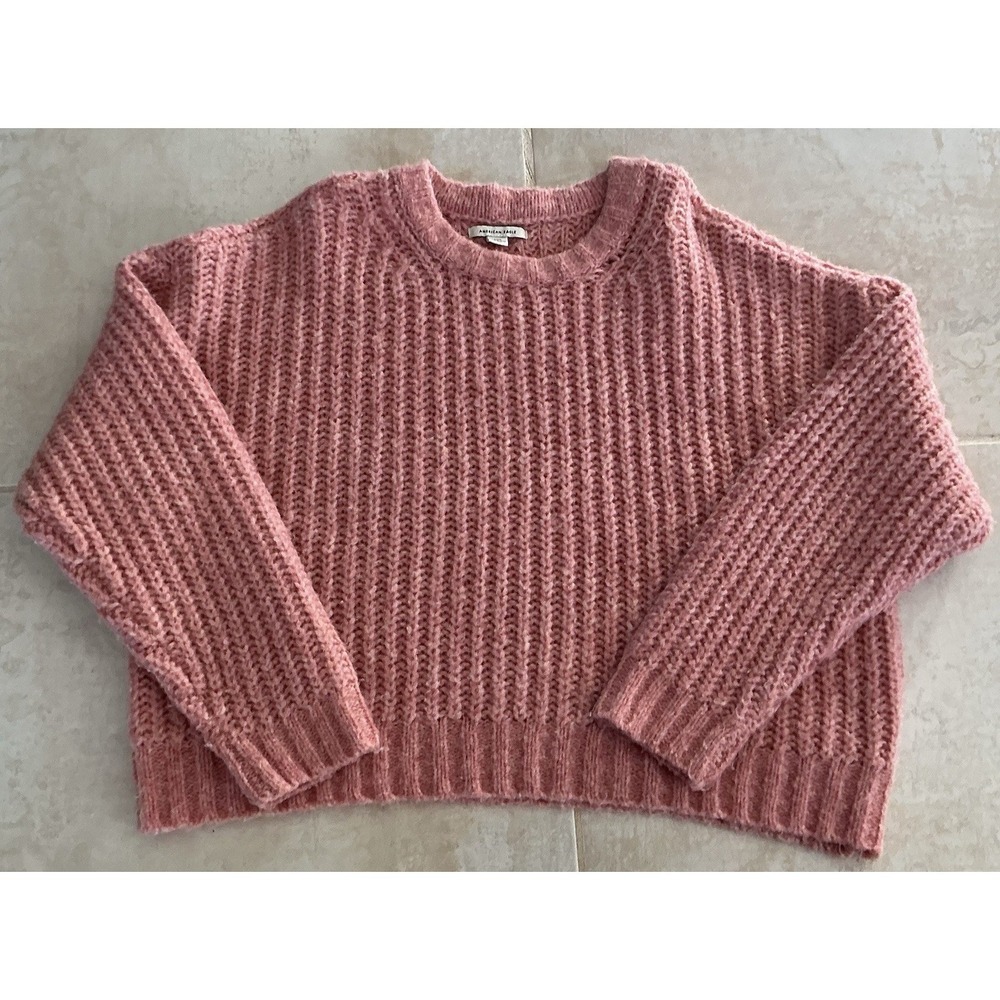 American Eagle Size L Pullover Sweater Cropped Cable Knit Pink Casual Preppy